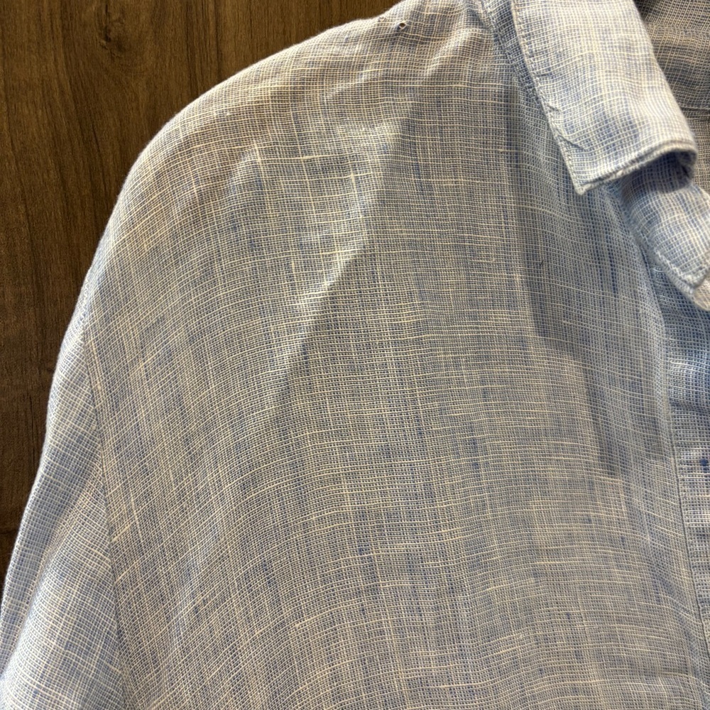 French Curve Linen shirt dress Small Tunic Cover up Blue Long Roll Tab Sleeves - Picture 3 of 12